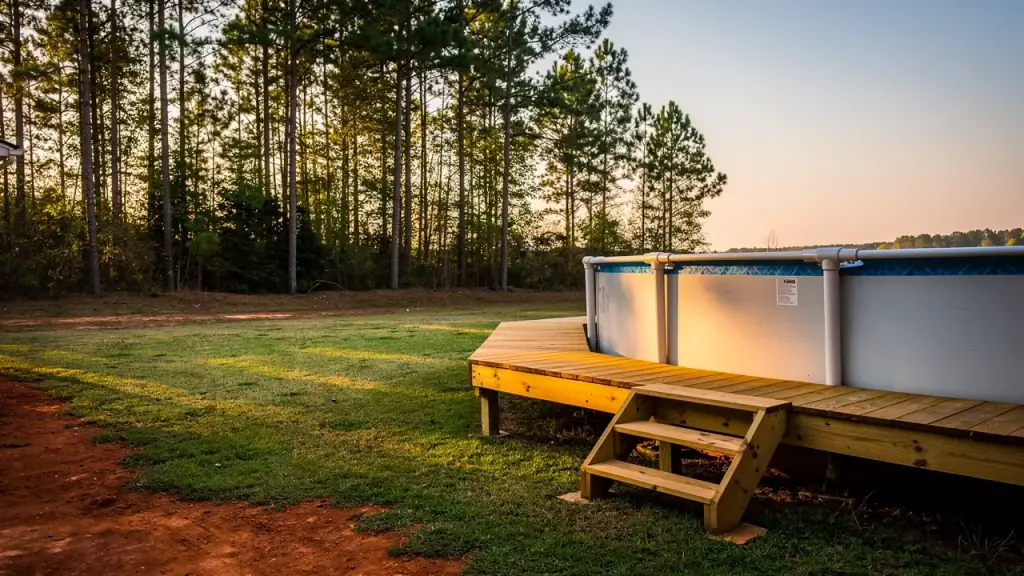 Round above-ground pool with a pine deck and steps under tall pines at dusk
